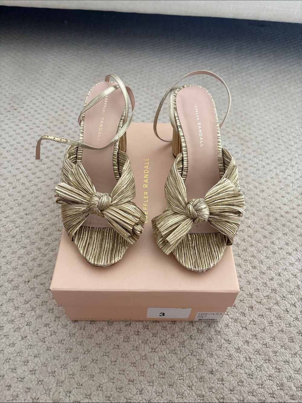 Loeffler Randall Metallic Gold Knot Bow Heeled Sandals